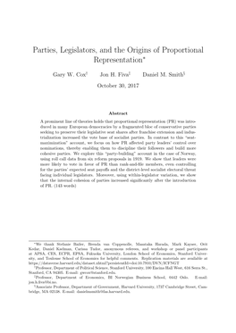 Parties, Legislators, and the Origins of Proportional Representation∗