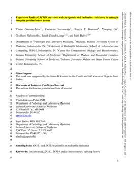 Expression Levels of SF3B3 Correlate with Prognosis and This Is the Author's Manuscript of Article Published in Final Edited Form As