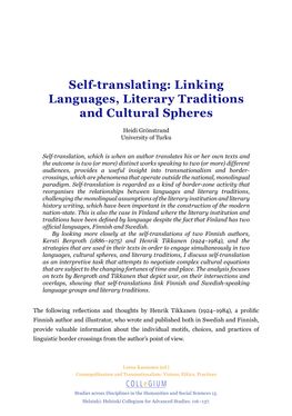 Self-Translating: Linking Languages, Literary Traditions and Cultural Spheres