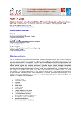 ADMTA 2018: Special Session on Advanced Data Mining Techniques and Applications