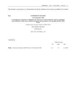 2004D0666 — EN — 06.01.2005 — 001.001 — 1 B COMMISSION DECISION of 29 September 2004 on Introducing Vaccination to Su