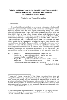 Telicity and Objecthood in the Acquisition of Unaccusativity: Mandarin-Speaking Children’S Interpretation of Manner-Of-Motion Verbs