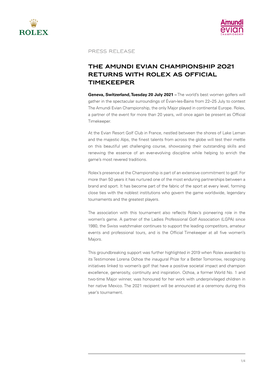 The Amundi Evian Championship 2021 Returns with Rolex As Official Timekeeper