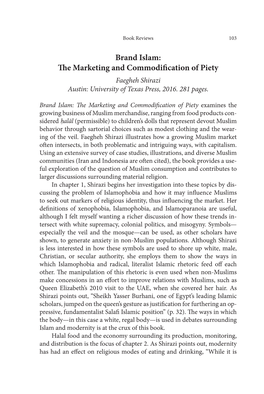 Brand Islam: the Marketing and Commodification of Piety Faegheh Shirazi Austin: University of Texas Press, 2016