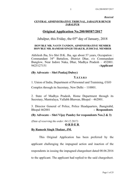 Original Application No.200/00587/2017 Jabalpur, This