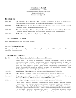 Yitzhak Y. Melamed Curriculum Vitae (11.22.2015) 7808 Crossland Road, Baltimore, MD 21208 Phone: (410) 484-0276 Email: Ymelame1@Jhu.Edu