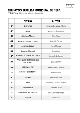 BIBLIOTECA PÚBLICA MUNICIPAL DE TEBA VIDEOTECA Listado De Películas Disponibles