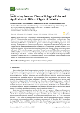 Ice Binding Proteins: Diverse Biological Roles and Applications in Diﬀerent Types of Industry