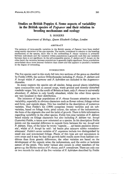 In the British Species of Papaver and Their Relation to Breeding Mechanisms and Ecology S