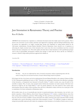 MTO 12.3: Duffin, Just Intonation in Renaissance Theory and Practice