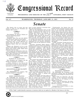 Congressional Record United States Th of America PROCEEDINGS and DEBATES of the 117 CONGRESS, FIRST SESSION