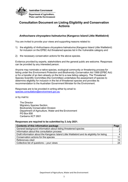 Consultation Document on Listing Eligibility and Conservation Actions