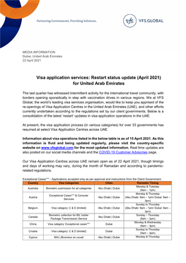 Visa Application Services: Restart Status Update (April 2021) for United Arab Emirates