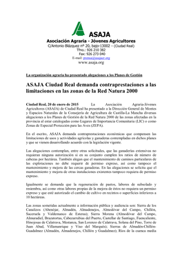 ASAJA Ciudad Real Demanda Contraprestaciones a Las Limitaciones En Las Zonas De La Red Natura 2000