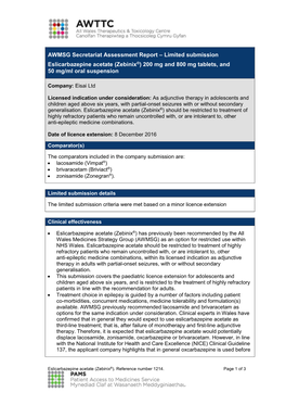 Limited Submission Eslicarbazepine Acetate (Zebinix®) 200 Mg and 800 Mg Tablets, and 50 Mg/Ml Oral Suspension