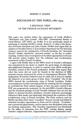 Socialism in the Nord, 1880–1914. a Regional View of the French