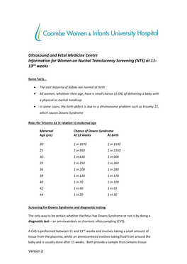 Ultrasound and Fetal Medicine Centre Information for Women on Nuchal Translucency Screening (NTS) at 11- 13+6 Weeks