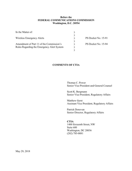 Before the FEDERAL COMMUNICATIONS COMMISSION Washington, D.C. 20554 in the Matter Of: ) ) Wireless Emergency Alerts ) PS Dock