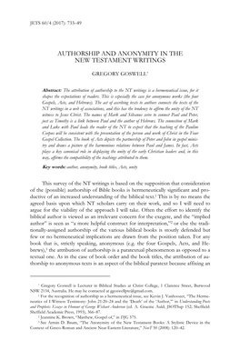 Authorship and Anonymity in the New Testament Writings