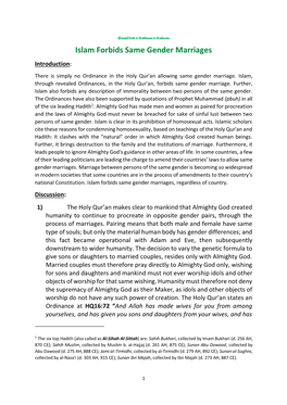 Islam Forbids Same Gender Marriages Introduction: There Is Simply No Ordinance in the Holy Qur’An Allowing Same Gender Marriage