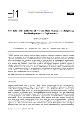 New Data on the Butterflies of Western Stara Planina Mts (Bulgaria & Serbia) (Lepidoptera, Papilionoidea)