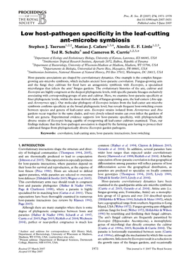 Low Host-Pathogen Specificity in the Leaf-Cutting Ant-Microbe Symbiosis Stephen J