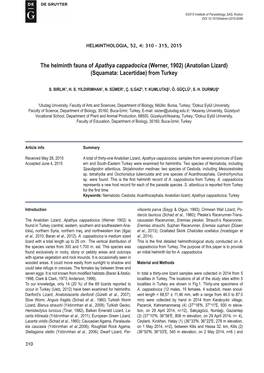 The Helminth Fauna of Apathya Cappadocica (Werner, 1902) (Anatolian Lizard) (Squamata: Lacertidae) from Turkey