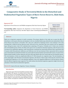 Comparative Study of Terrestrial Birds in the Disturbed and Undisturbed Vegetation Types of Ikere Forest Reserve, Ekiti State, Nigeria