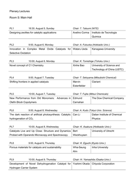 Plenary Lectures Room S: Main Hall