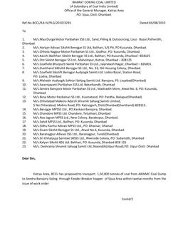 BHARAT COKING COAL LIMITED (A Subsidiary of Coal India Limited) Office of the General Manager, Katras Area PO: Sijua, Distt: Dhanbad