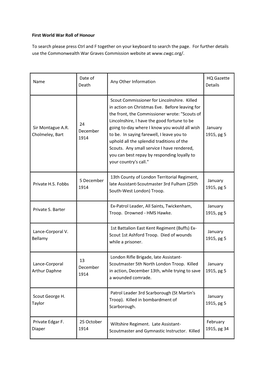 First World War Roll of Honour to Search Please Press Ctrl and F Together on Your Keyboard to Search the Page. for Further Deta