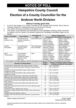 NOTICE of POLL Hampshire County Council Election of a County