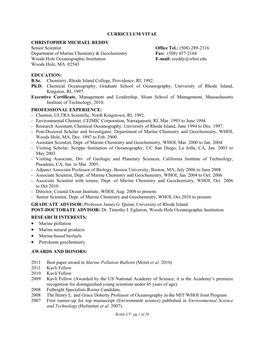 CURRICULUM VITAE CHRISTOPHER MICHAEL REDDY Senior Scientist Office Tel.: (508) 289-2316 Department of Marine Chemistry & Ge