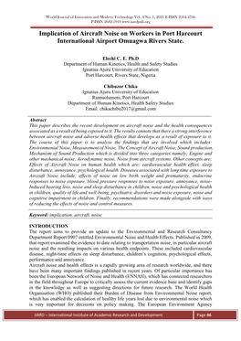 Implication of Aircraft Noise on Workers in Port Harcourt International Airport Omuagwa Rivers State