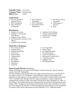 Gila Robusta Common Name: Roundtail Chub BISON No.: 010145