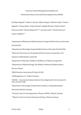 07 Nov 2016 FINAL 1 Consensus Clinical Management Guidelines for Pantothenate Kinase-Associated Neurodegeneration (PKAN) Penelo