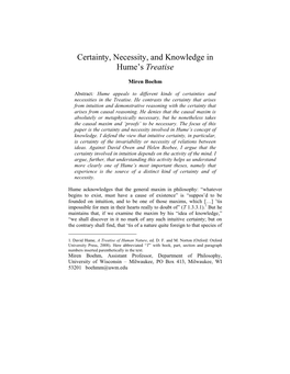 Certainty, Necessity, and Knowledge in Hume's Treatise