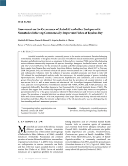 Assessment on the Occurrence of Anisakid and Other Endoparasitic Nematodes Infecting Commercially-Important Fishes at Tayabas Bay