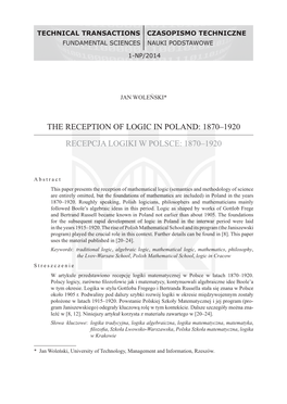 The Reception of Logic in Poland: 1870‒1920 Recepcja