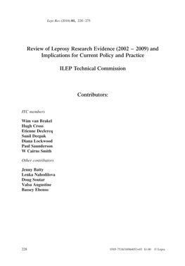 Review of Leprosy Research Evidence (2002 – 2009) and Implications for Current Policy and Practice