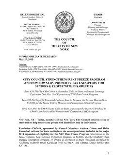 City Council Strengthens Rent Freeze Program and Homeowners’ Property Tax Exemption for Seniors & People with Disabilities