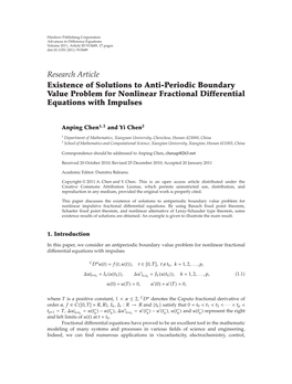 Research Article Existence of Solutions to Anti-Periodic Boundary Value Problem for Nonlinear Fractional Differential Equations with Impulses