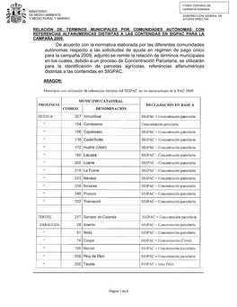 Relación De Terminos Municipales Por Comunidades Autónomas Con Referencias Alfanumericas Distintas a Las Contenidas En Sigpac Para La Campaña 2009
