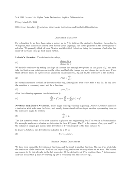 MA 2231 Lecture 18 - Higher Order Derivatives, Implicit Diﬀerentiation