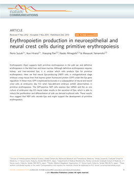 Erythropoietin Production in Neuroepithelial and Neural Crest Cells During Primitive Erythropoiesis