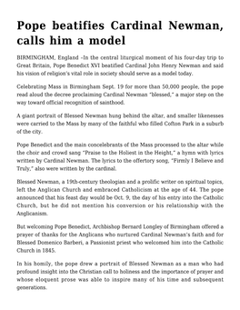 Pope Beatifies Cardinal Newman, Calls Him a Model