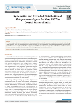 Systematics and Extended Distribution of Metapenaeus Elegans De Man, 1907 in Coastal Water of India