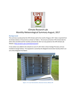 Climate Research Lab Monthly Meteorological Summary-August, 2017 Background This Summary Is Produced by the UPEI Climate Lab for the Month of August, 2017