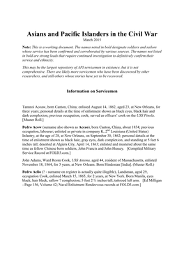 Asians and Pacific Islanders in the Civil War March 2015 Note: This Is a Working Document