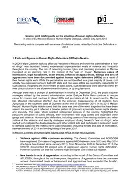 Mexico: Joint Briefing Note on the Situation of Human Rights Defenders in View of EU-Mexico Bilateral Human Rights Dialogue, Mexico City, April 2015